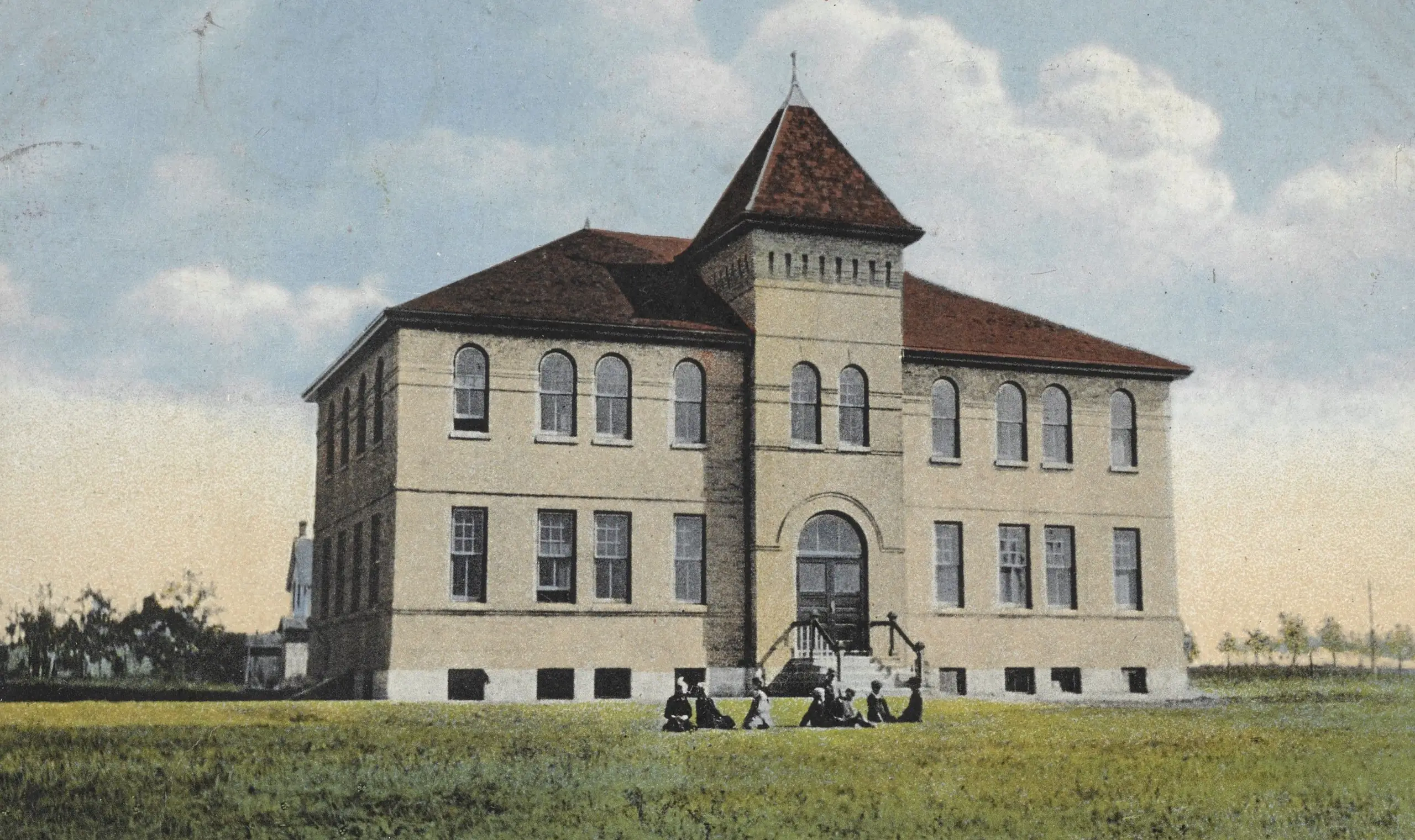 Saltcoats School with students on the lawn