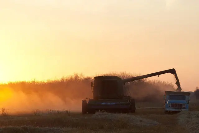 Combine unloading grain at sunset